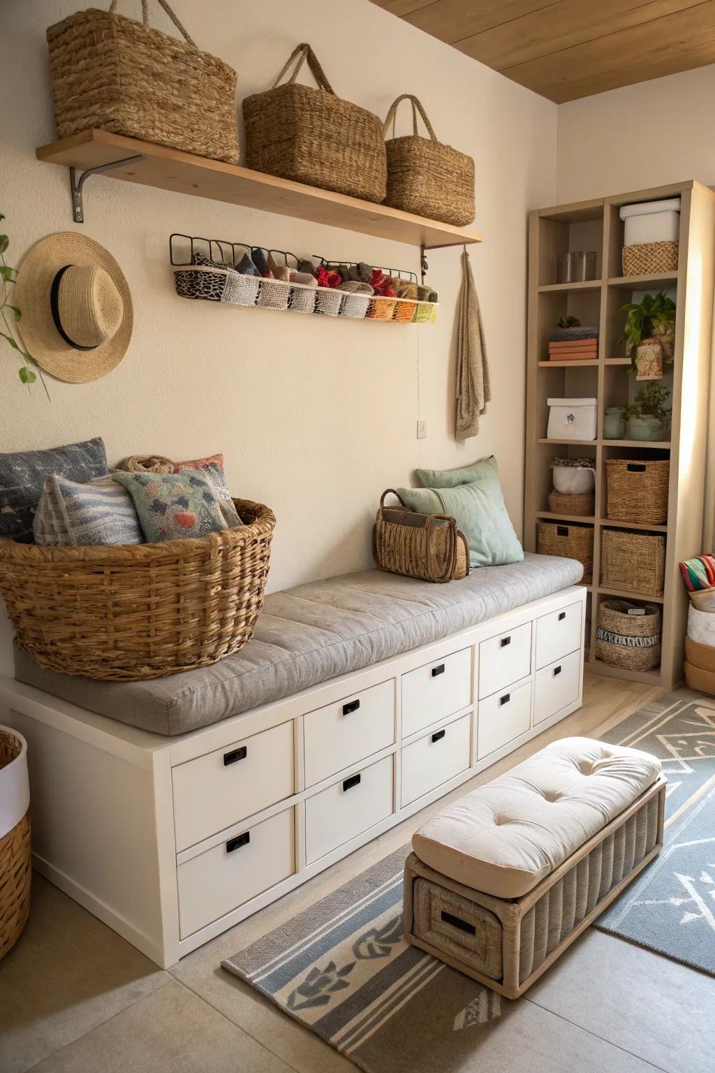 A stylish room featuring smart and ingenious storage solutions.