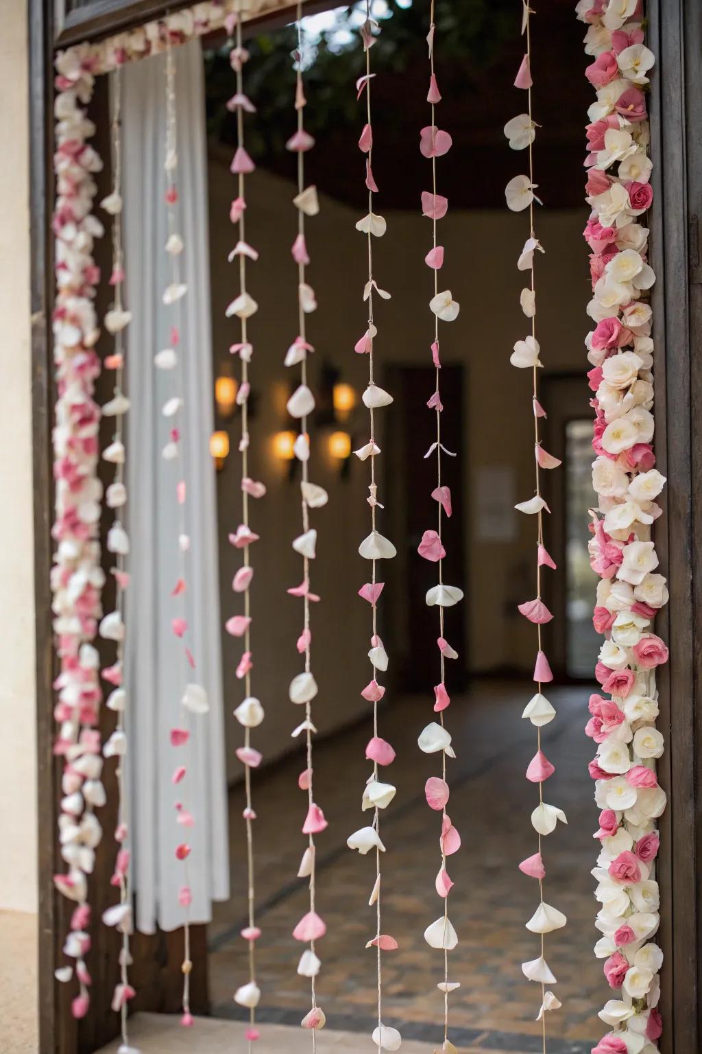 A whimsical drape crafted from floral adornments