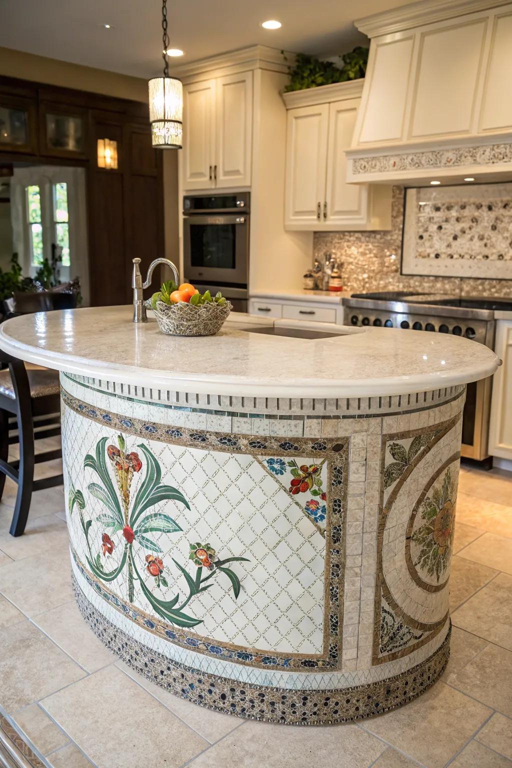 Artistic touches personalize and elevate a circular kitchen island.