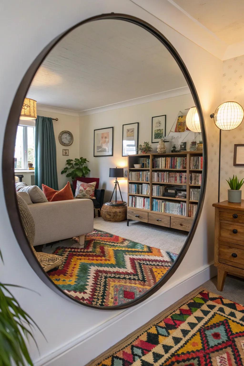 Circular mirror reflecting personal style in a cozy living room.