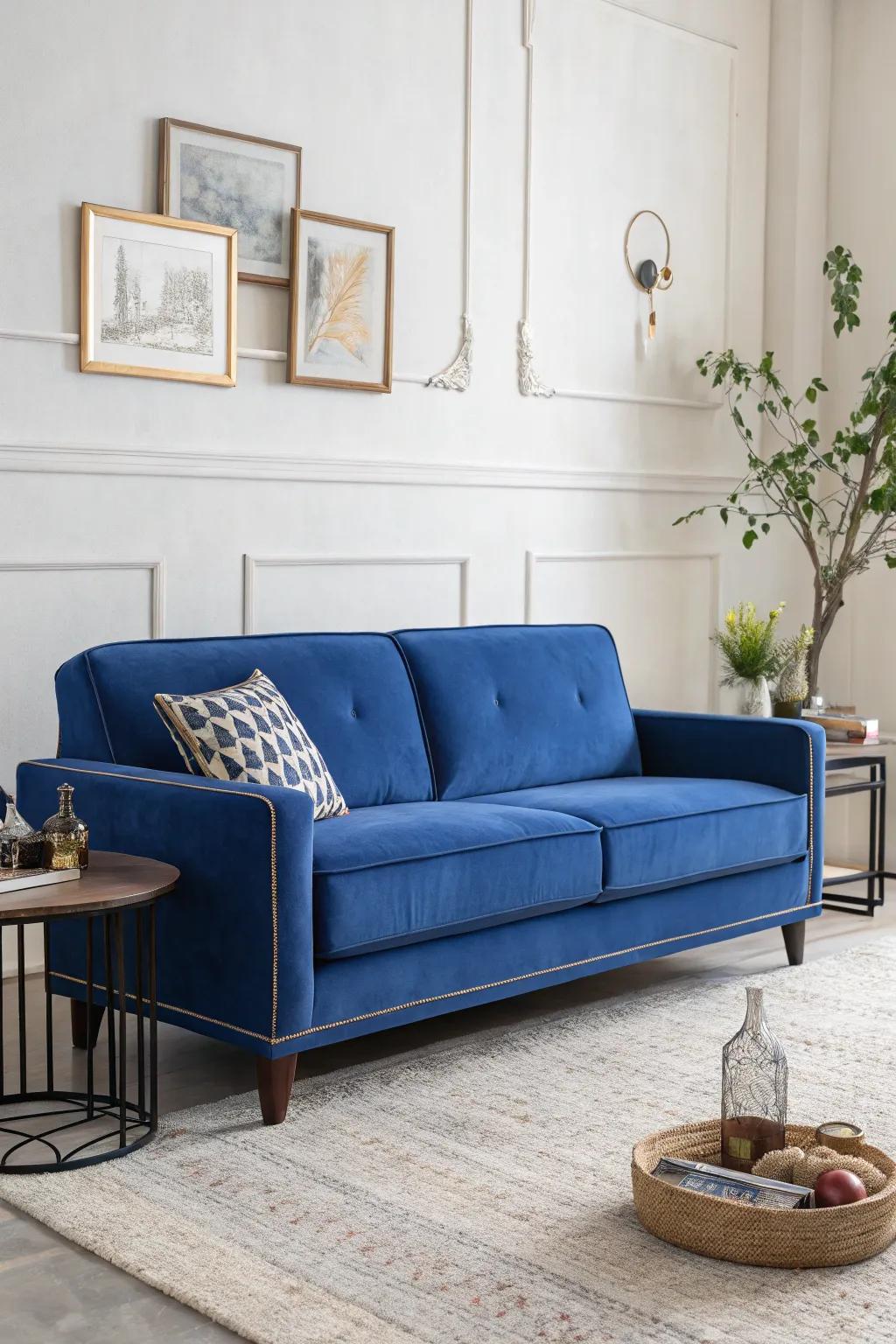 A minimalist setting allows the sapphire-colored couch to shine in a serene space.