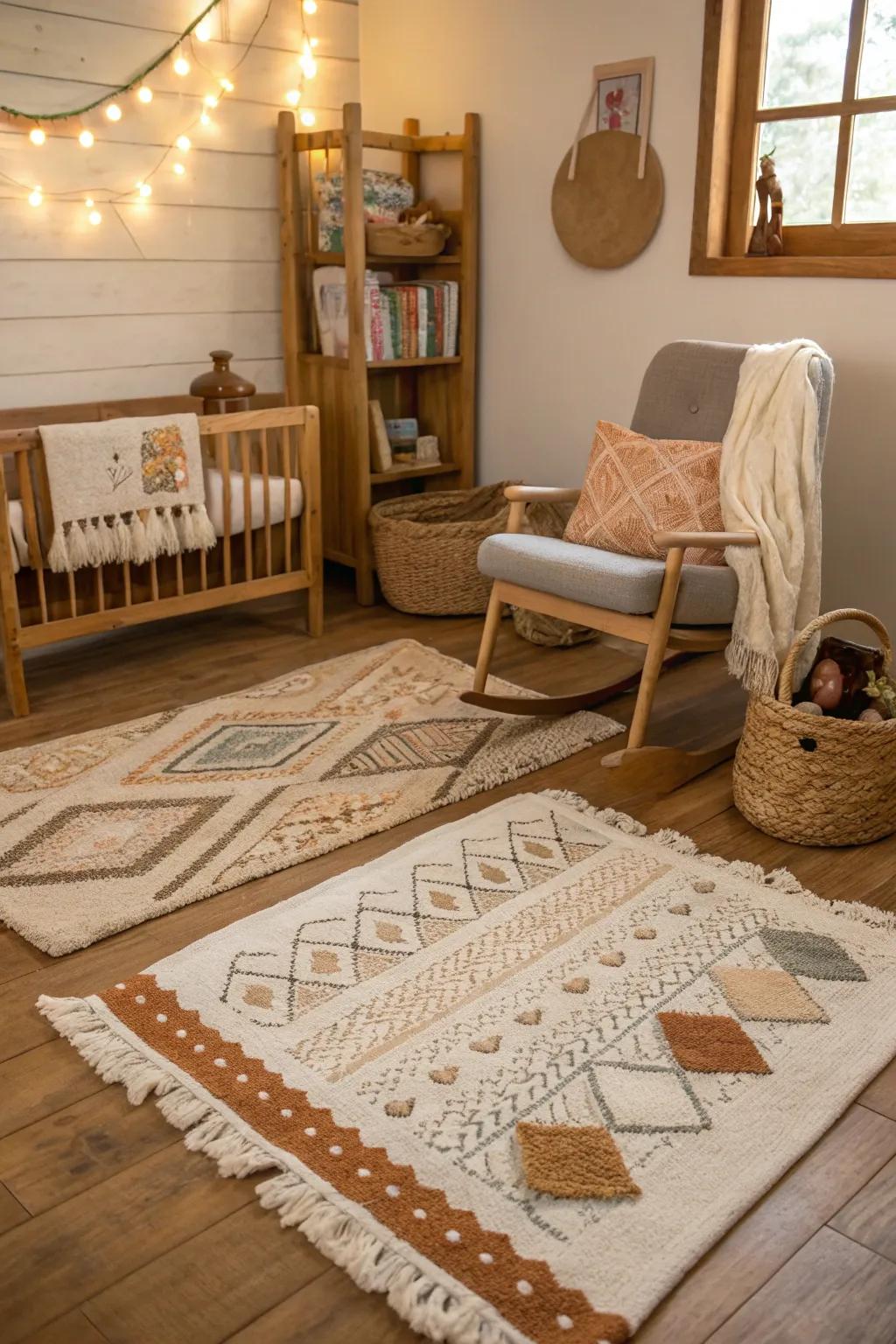 Superimposed floor coverings augment dimensional and textural qualities.