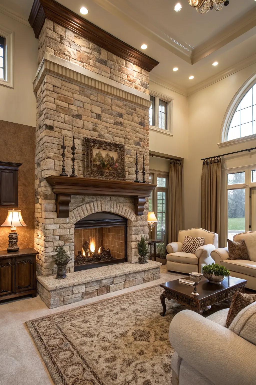 Stonework enriches depth and luxury to your brick fireplace.