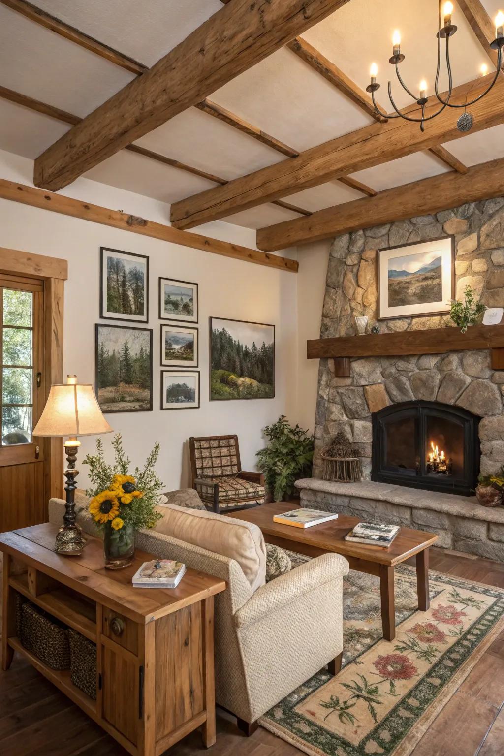 A living room complemented by countryside wall art.