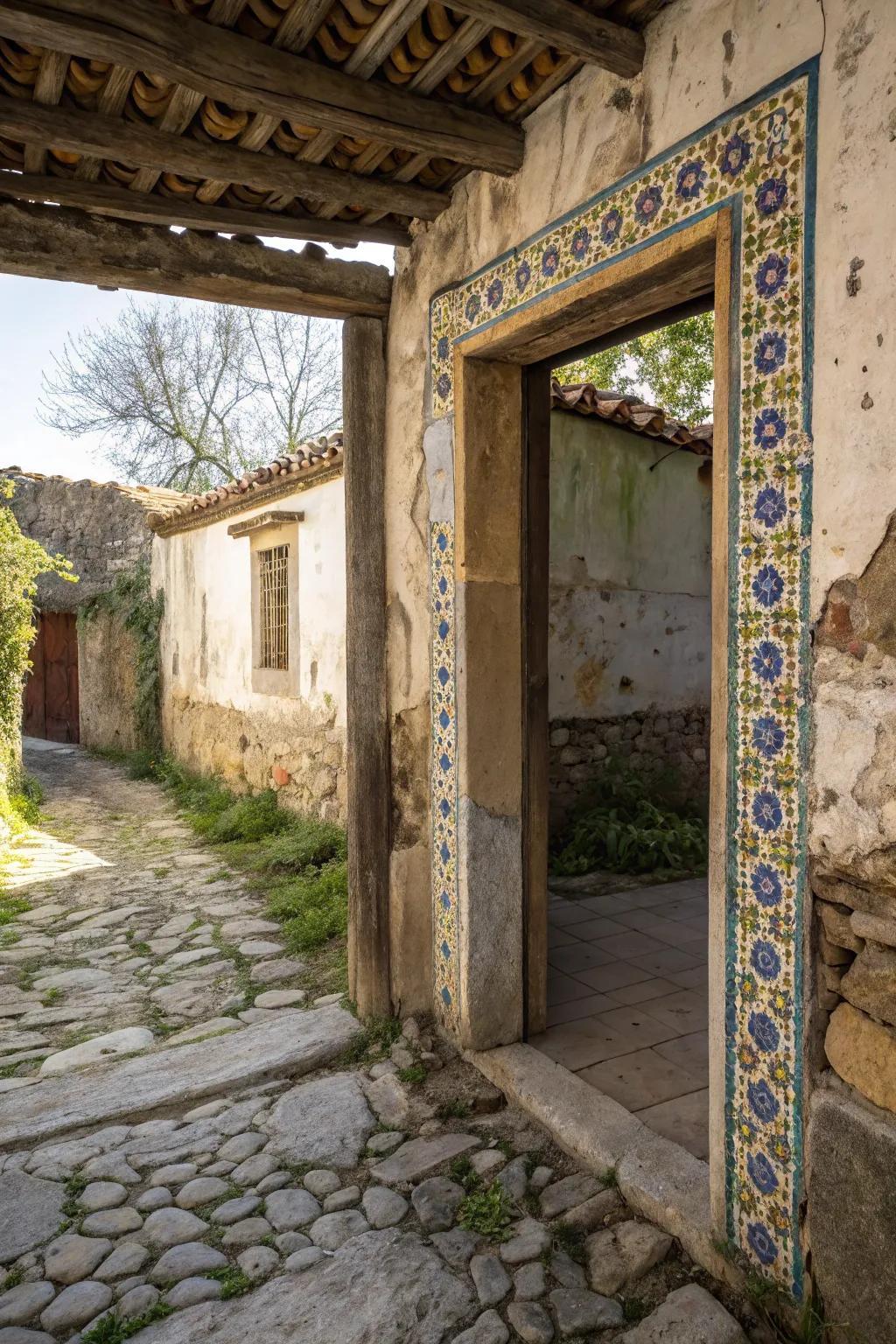 An unforeseen utilization of tiles in a doorway casing appends a surprising rural spin.