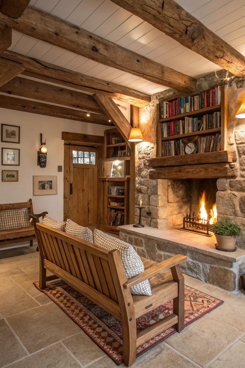 A fireplace bench crafts an inviting gathering location in the room.