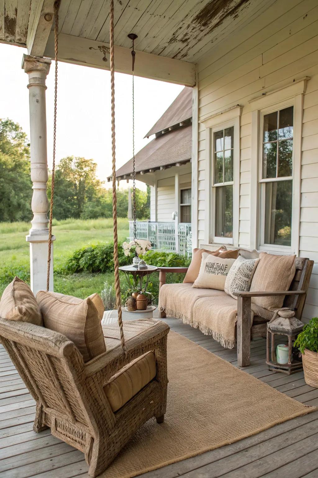 Hessian accents introduce texture and country charm to this porch.