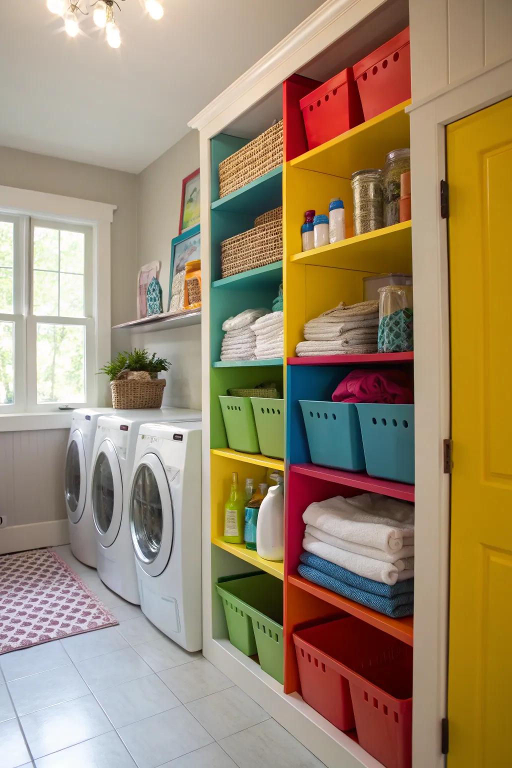 Boldly painted shelves add a splash of color and personality.
