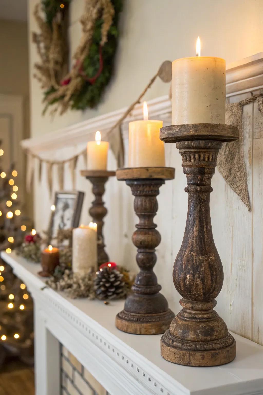 Countryside taper supports engender a flickering ambiance upon this mantel.
