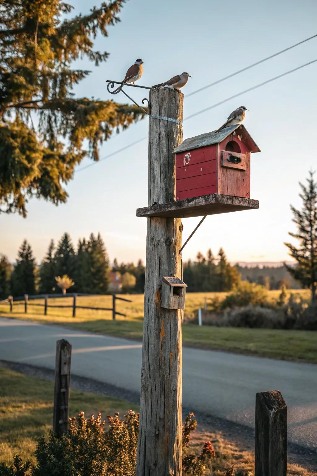 An integrated birdhouse adds life and charm to this mailbox support.