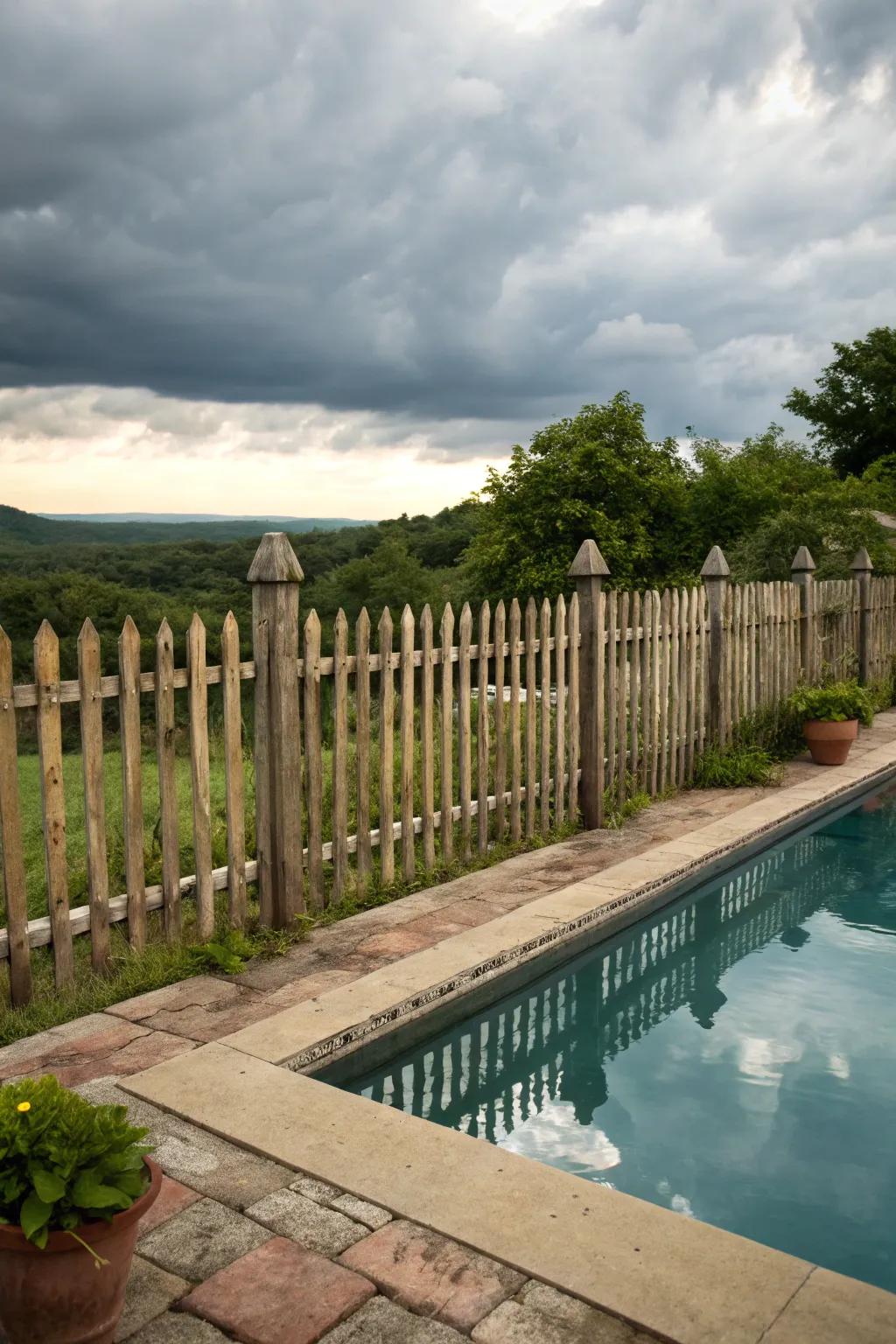 Hazel picket fencing infusing classic countryside allure to the poolside.