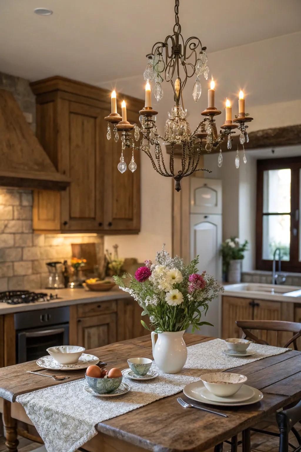 A period chandelier lends elegance and allure to a farmhouse kitchen.
