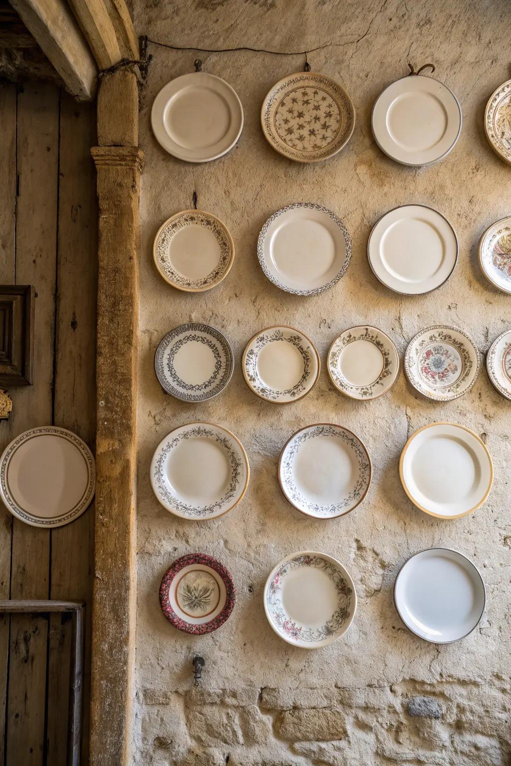 A symmetrical arrangement of plates brings elegance to country-inspired wall decor.