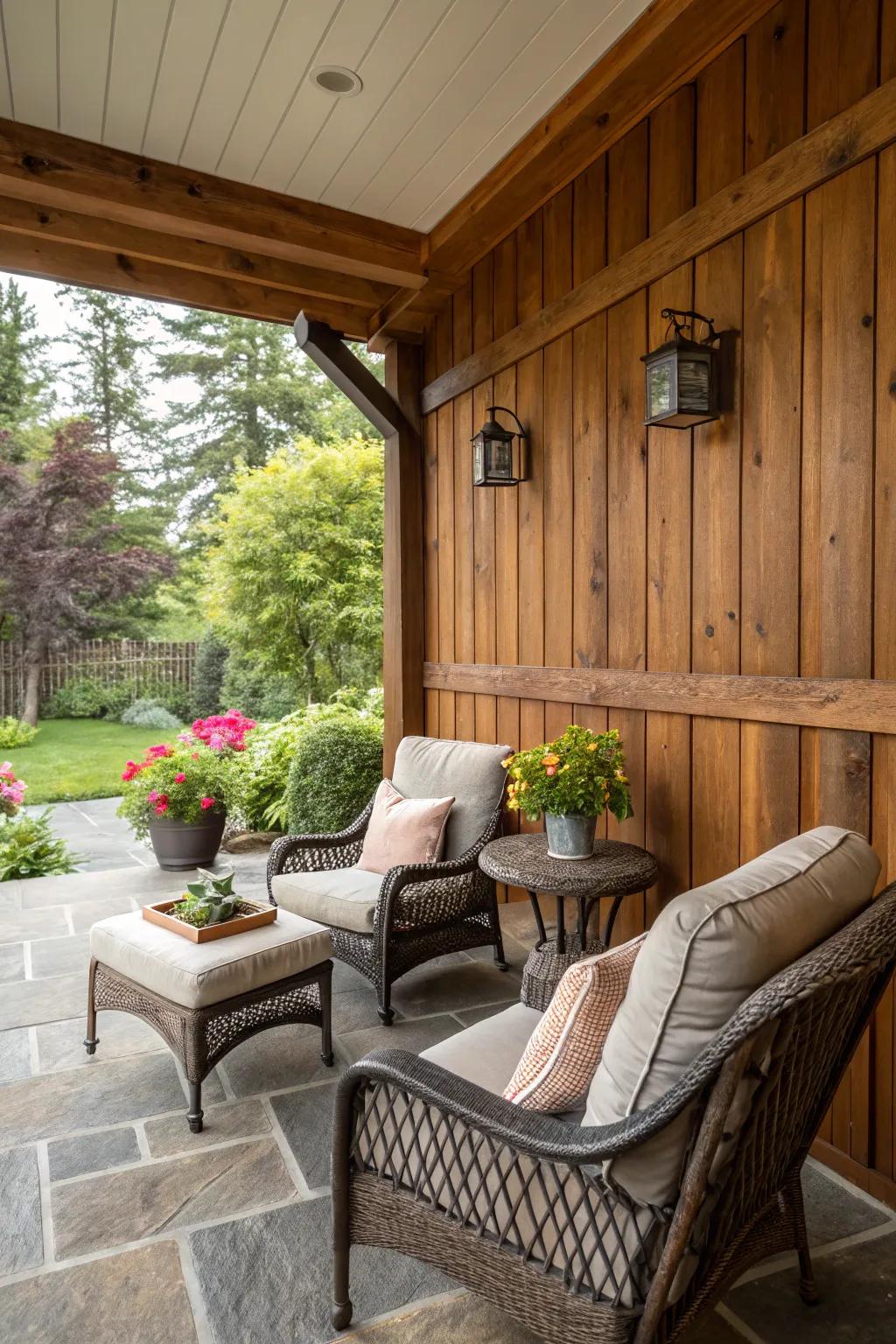 Outdoor paneling creates a cozy, cabin-like retreat on the patio.