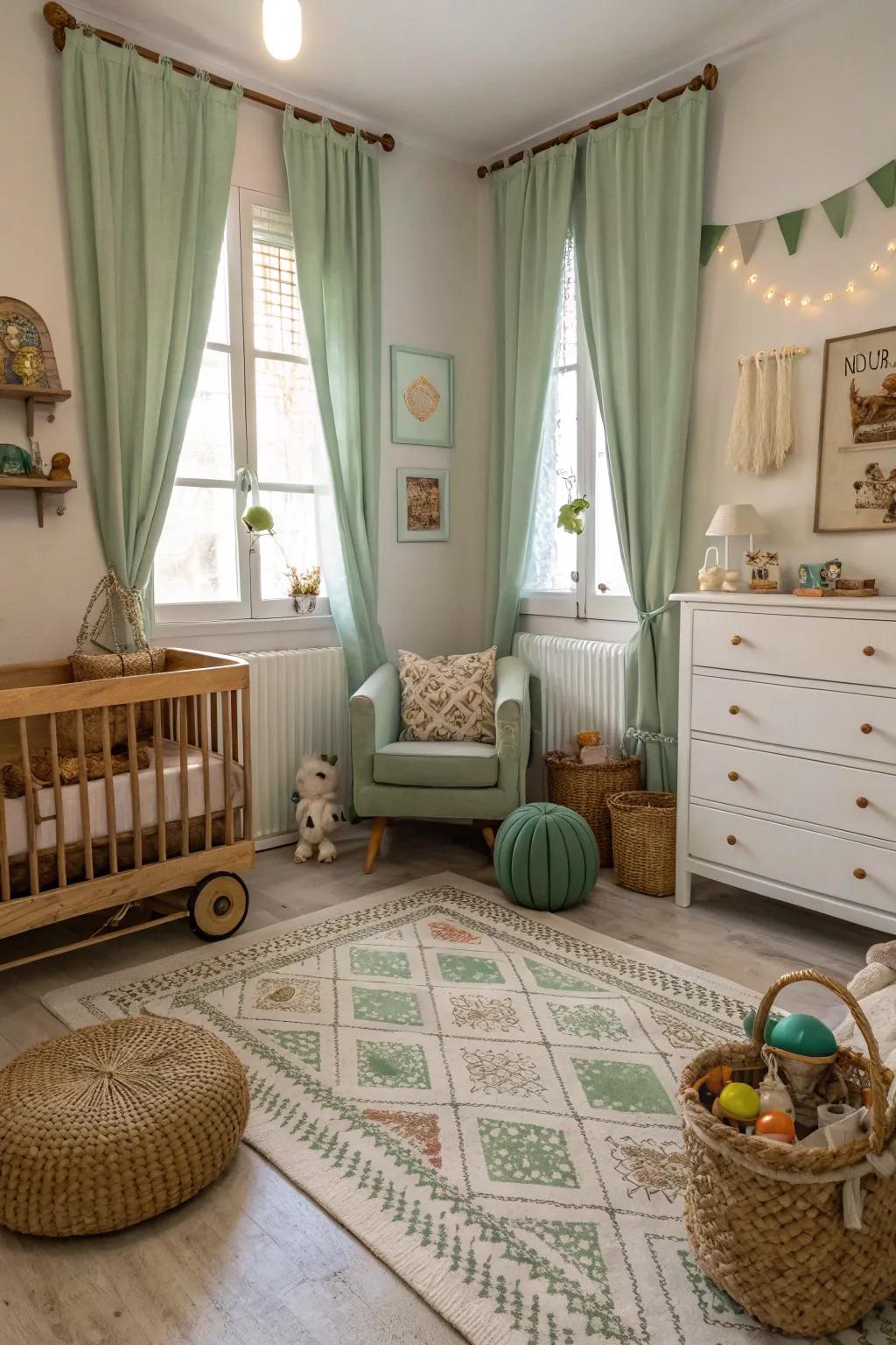 Eclectic decor adds personality to a verdant mist nursery.