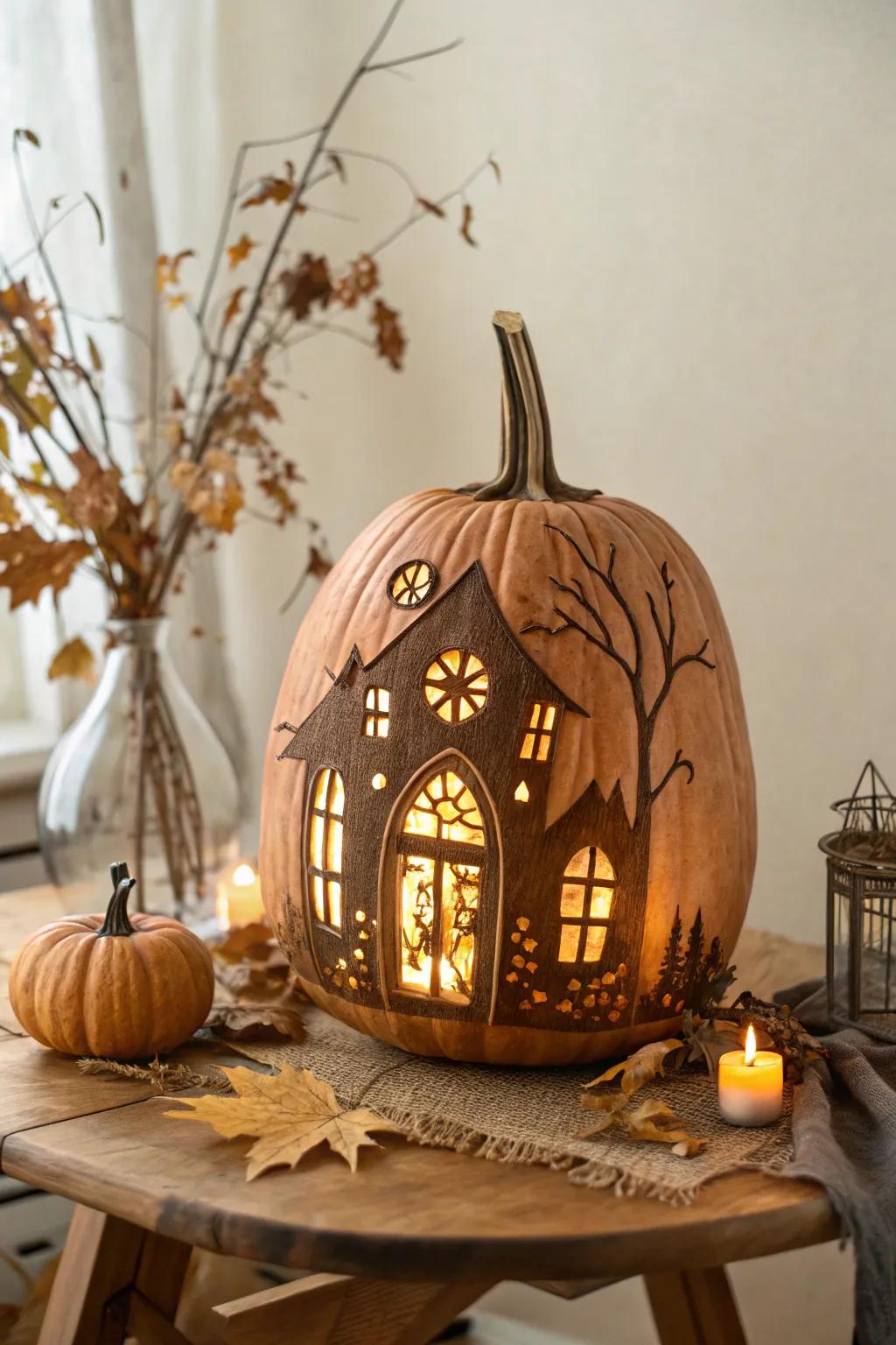 Delight in the Halloween spirit with a hauntingly gorgeous pumpkin house—where simplicity meets spooky craftsmanship.