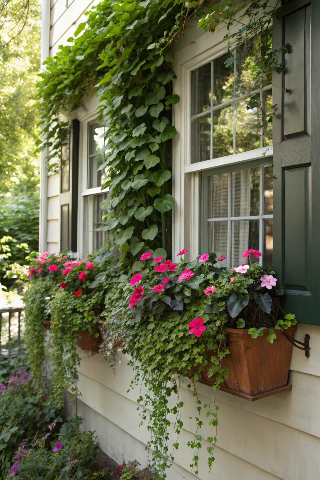 A shaded window arrangement showcasing whimsical window boxes brimming with touch-me-nots and cascading tendrils.