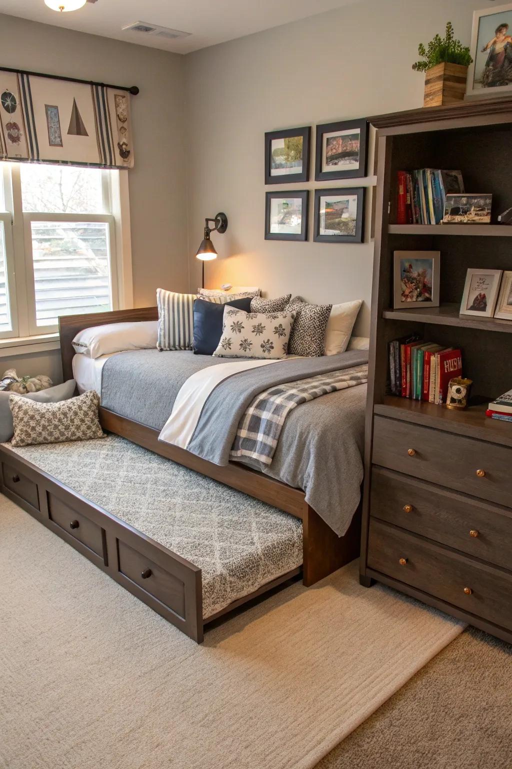 Versatile furnishings adapt to changing needs in a shared room.
