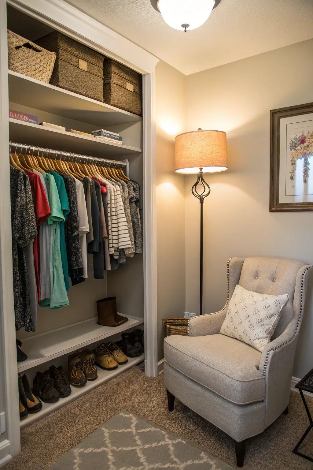 A collaborative closet featuring a unique reading nook for a peaceful retreat.