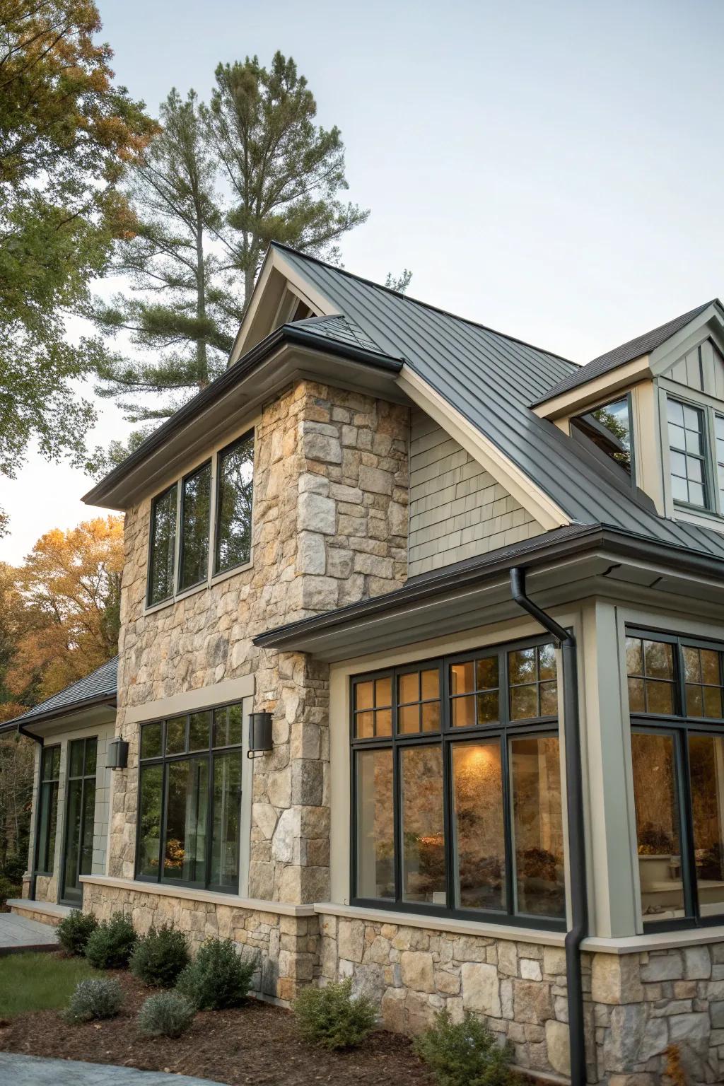 House featuring a texturally contrasted shed dormer.