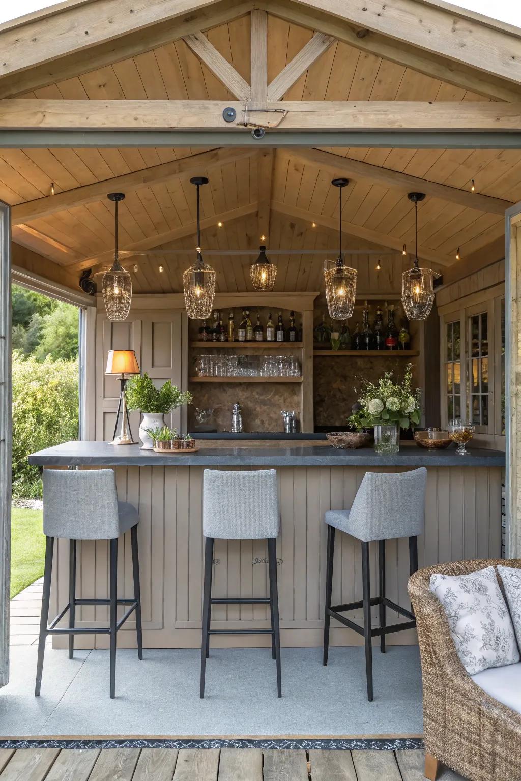 An entertaining bar space inside a garden shed home, perfect for hosting.