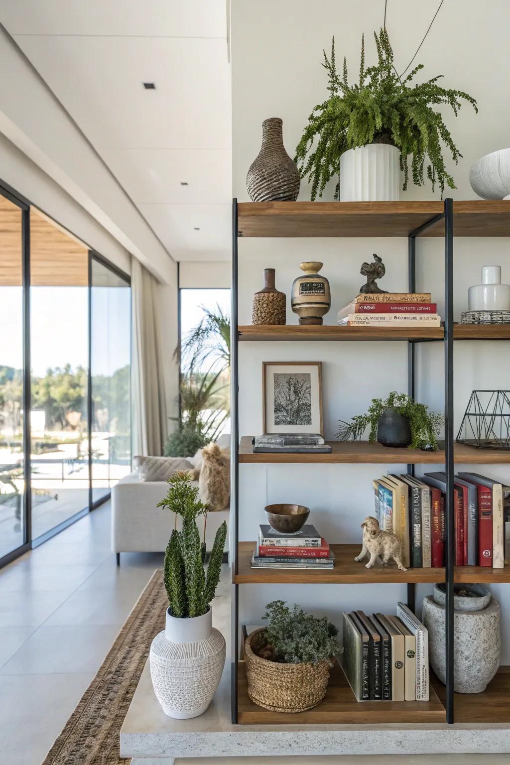 An asymmetrical display shelf layout delivers a bold design statement.