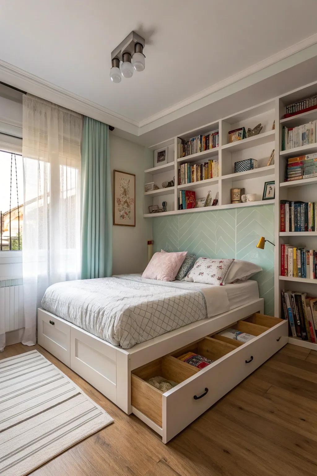 Shelves beneath the bed provide concealed storage.