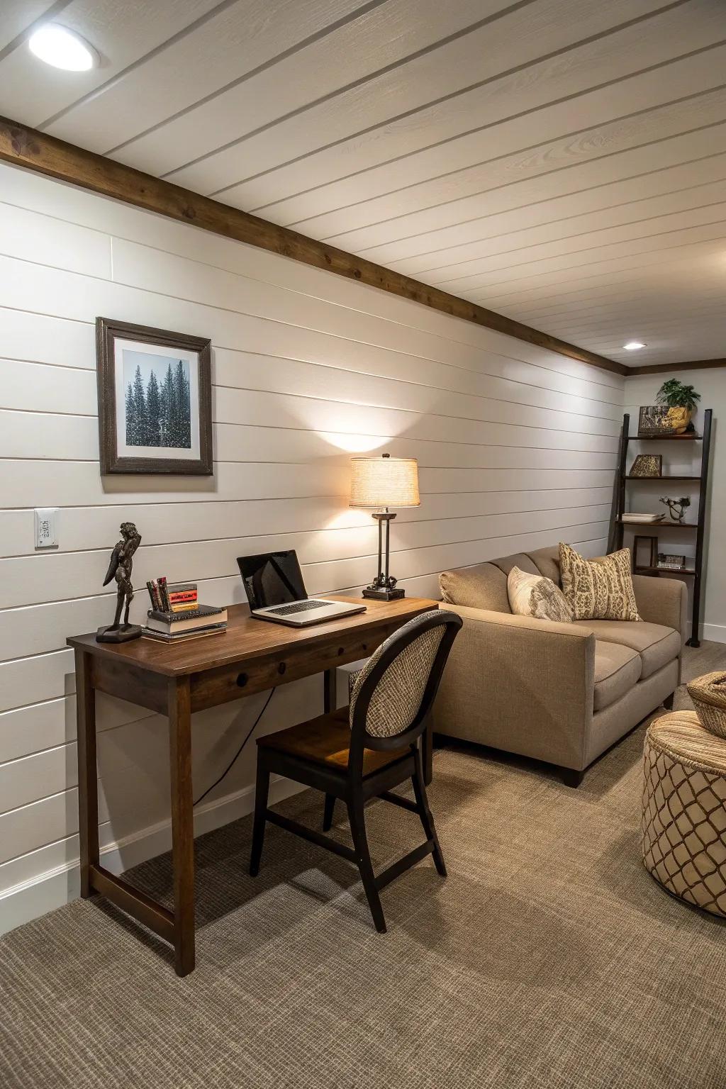 A multi-functional basement showcasing grooveboard walls dividing distinct areas.