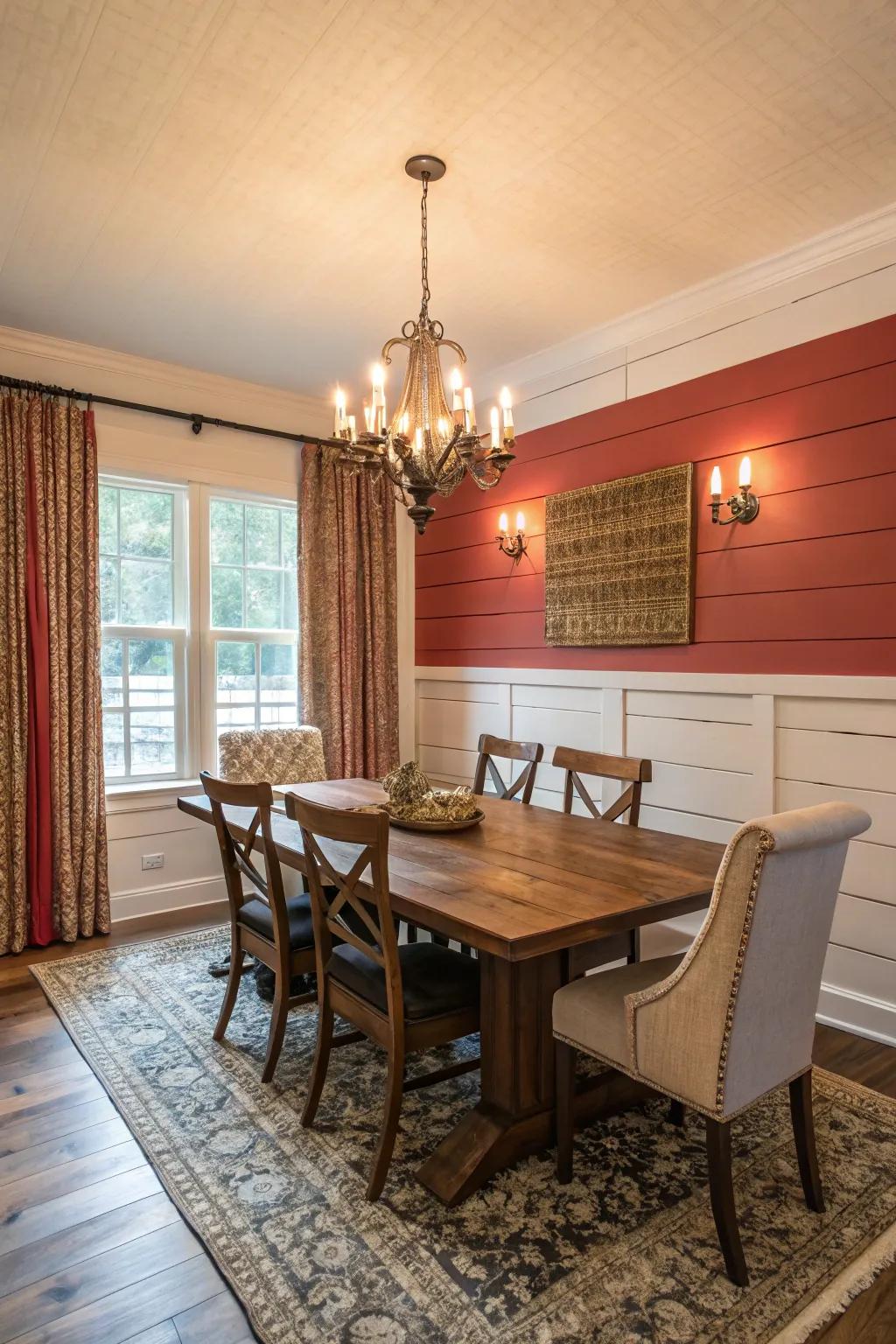 A dining room featuring an unexpected pop of color and shiplap walls.