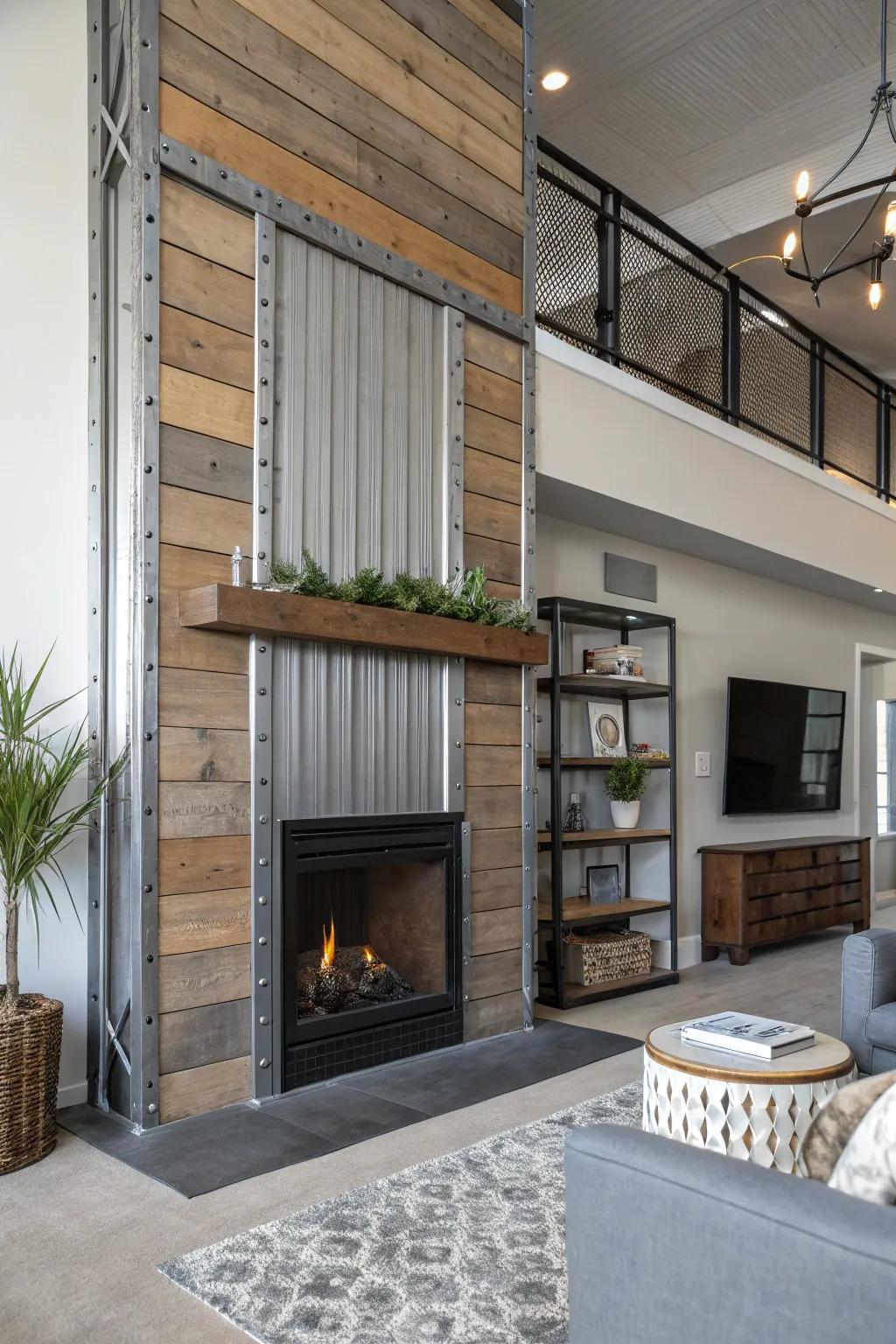 Industrial-style shiplap fireplace brings sturdy, urban charm to the area.