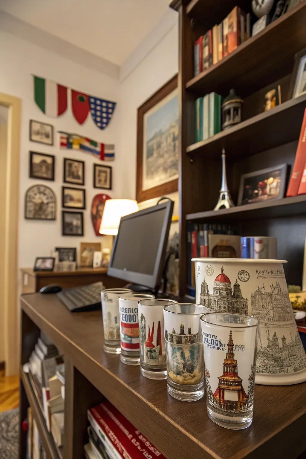 A personal study showcasing a travel-themed shot glass display with souvenirs from around the globe.