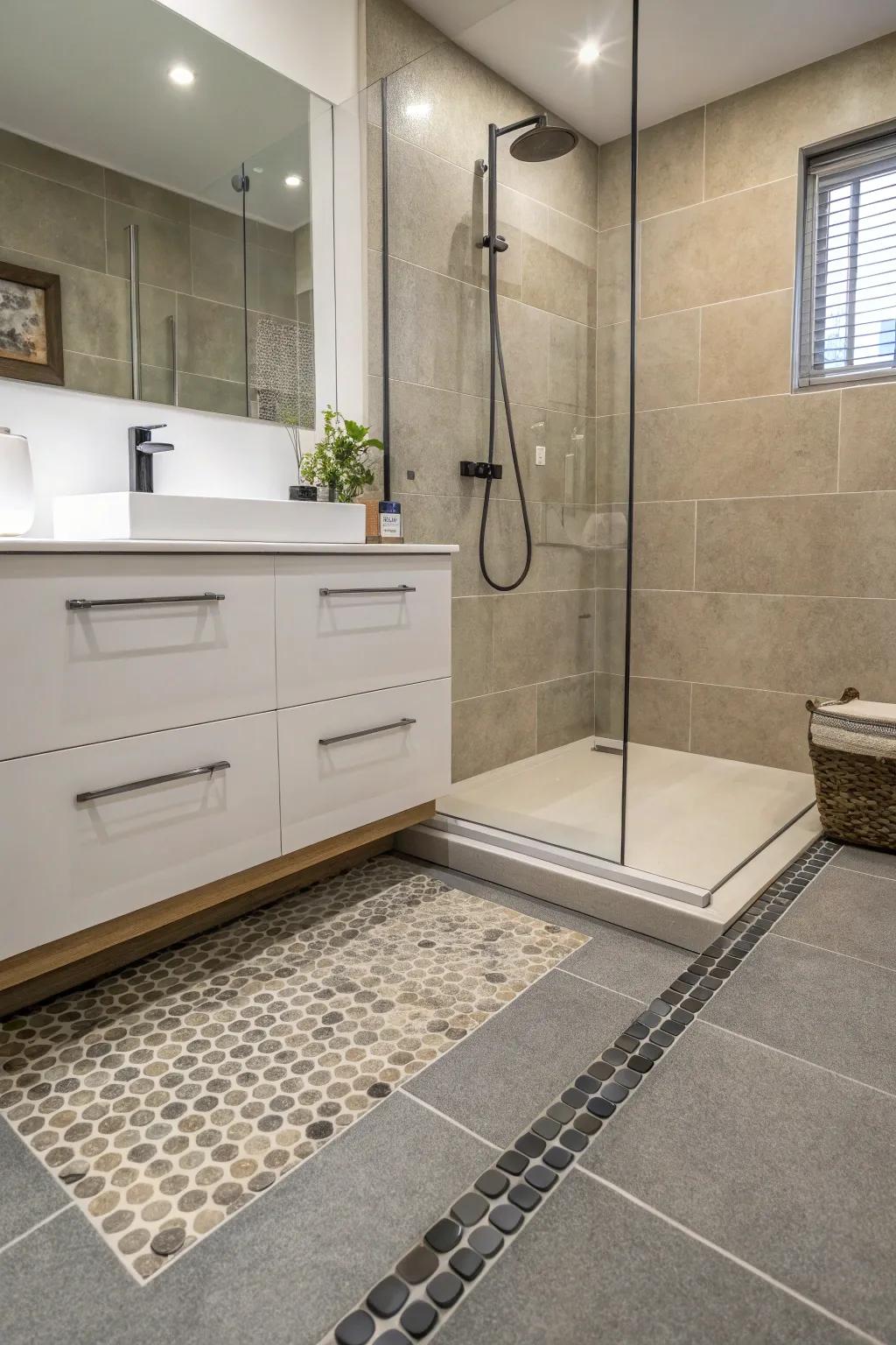 Integrous consolidation of the shower curb ensures a unified and continuity-enhanced design.