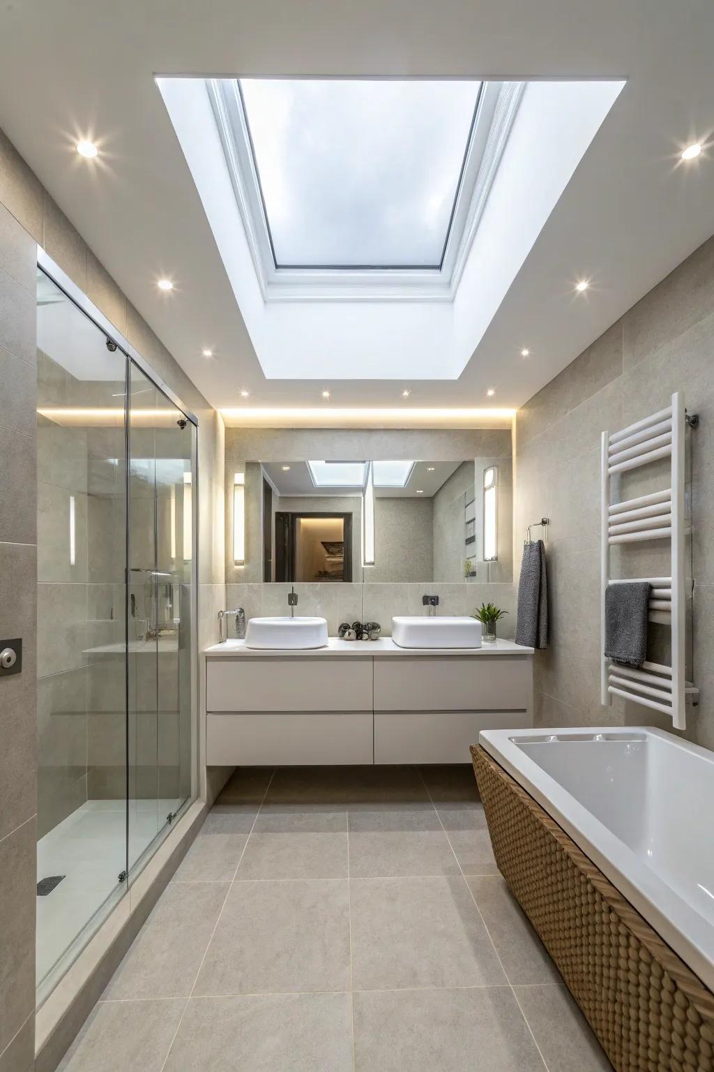 Unified overhead panels present a consistent, modern lighting solution.