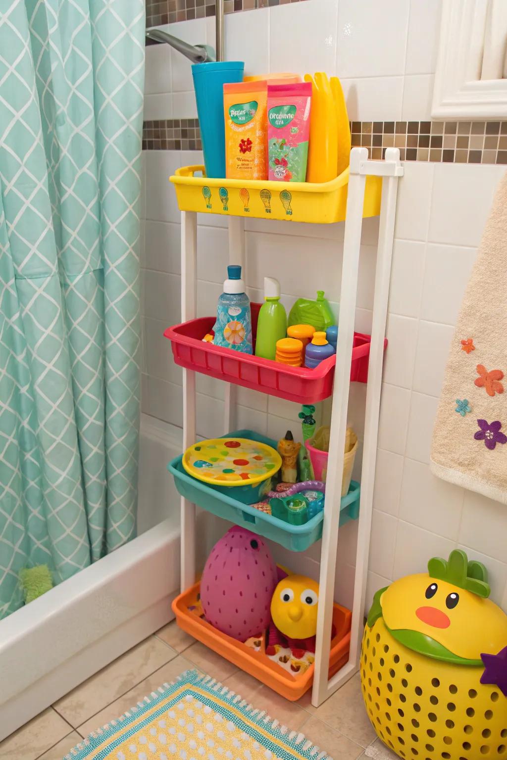 Playful plastic shelves add a vibrant touch to kid-friendly showers.