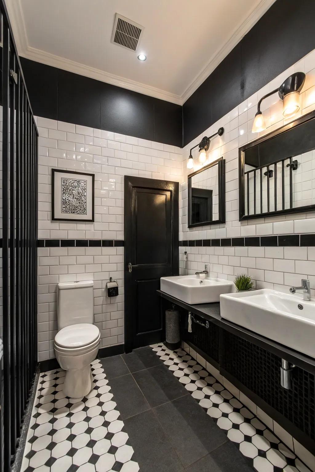 Classic black and white creates a dramatic restroom design.