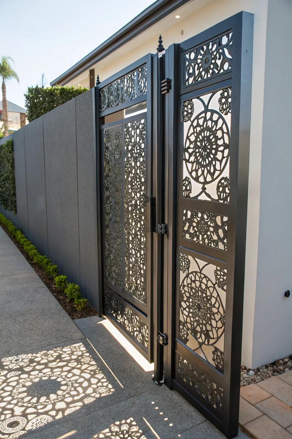 A laser-carved metallic entrance that showcases elaborate artistry.