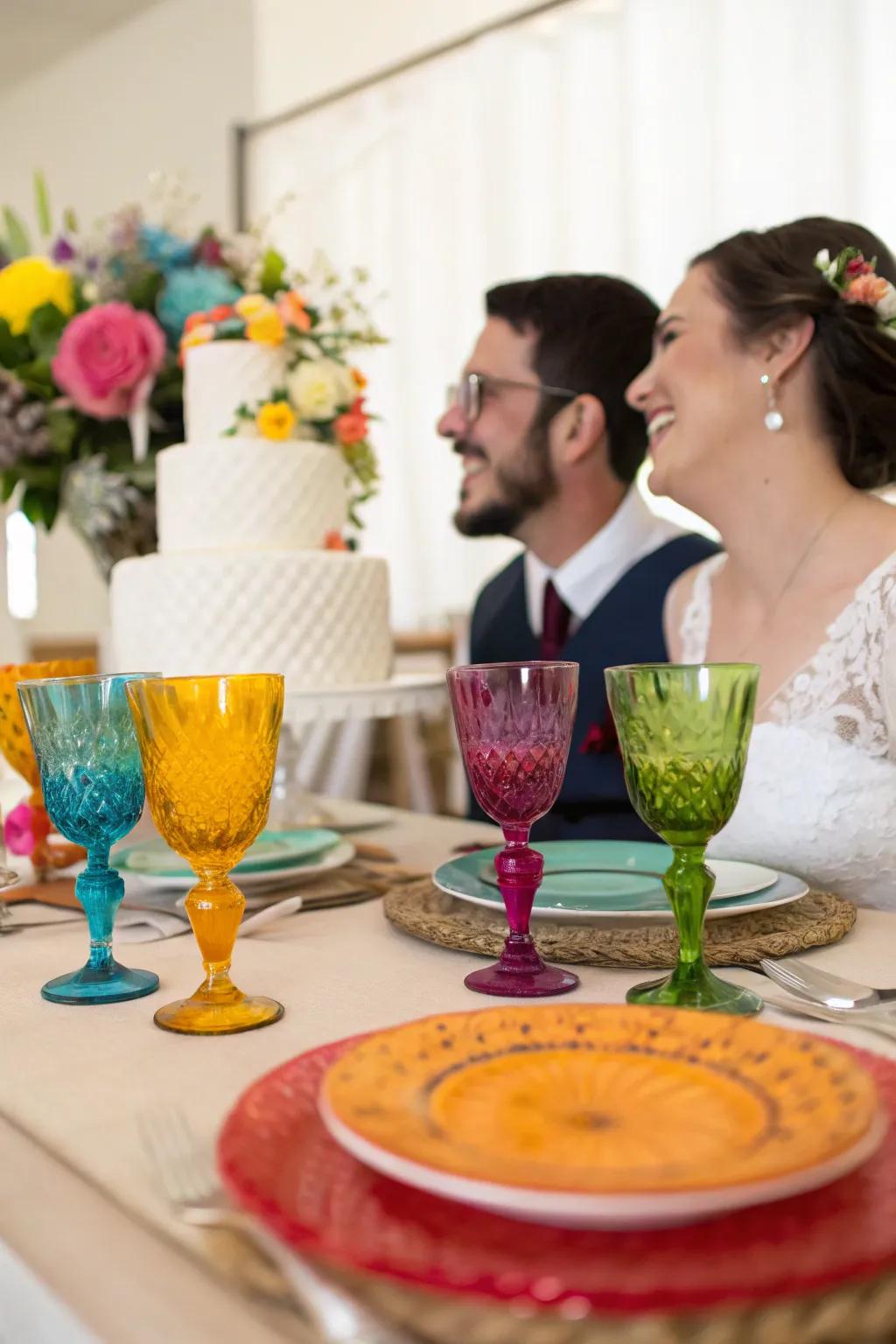The bride and groom are seated at a table with vibrant, tinted glassware.