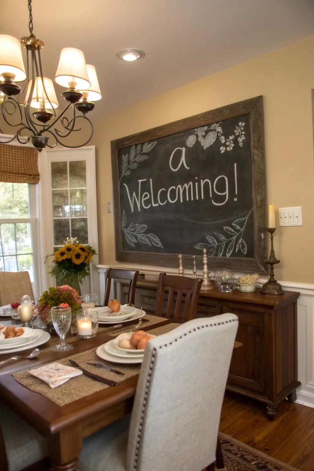 A dining room chalkboard with a welcoming quote.