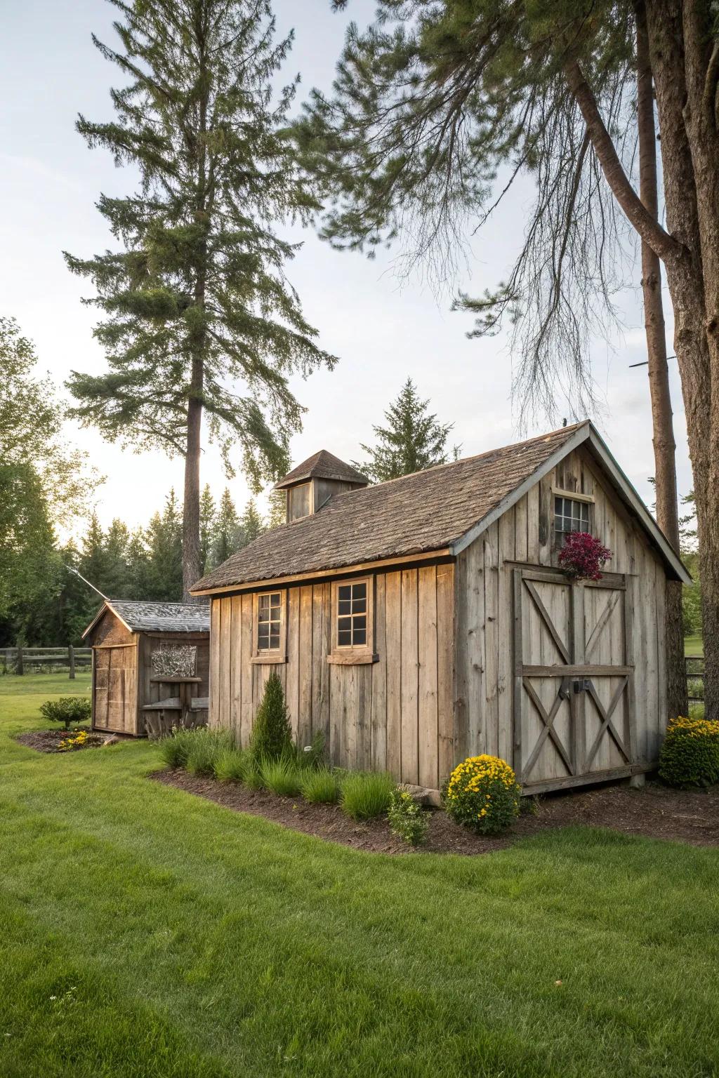 A barn-inspired shed contributing functional charm to the landscape.