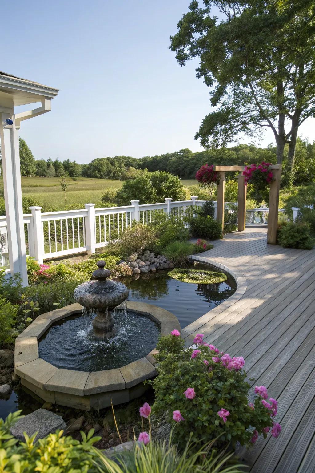 A small water feature brings a sense of tranquility to the porch.