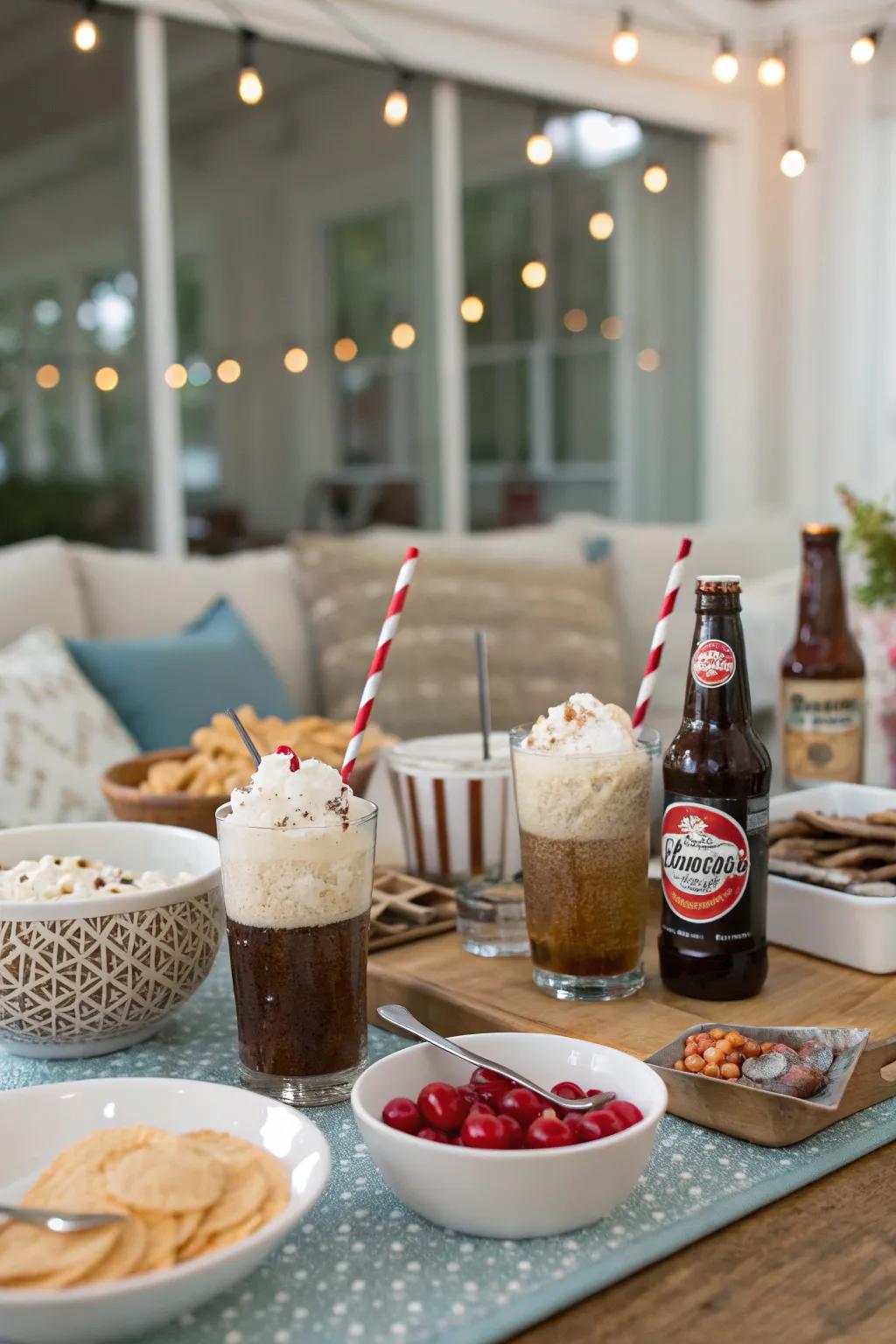 A nostalgic build-your-own root beer beverage station furnishing a pleasant and interactive treat.