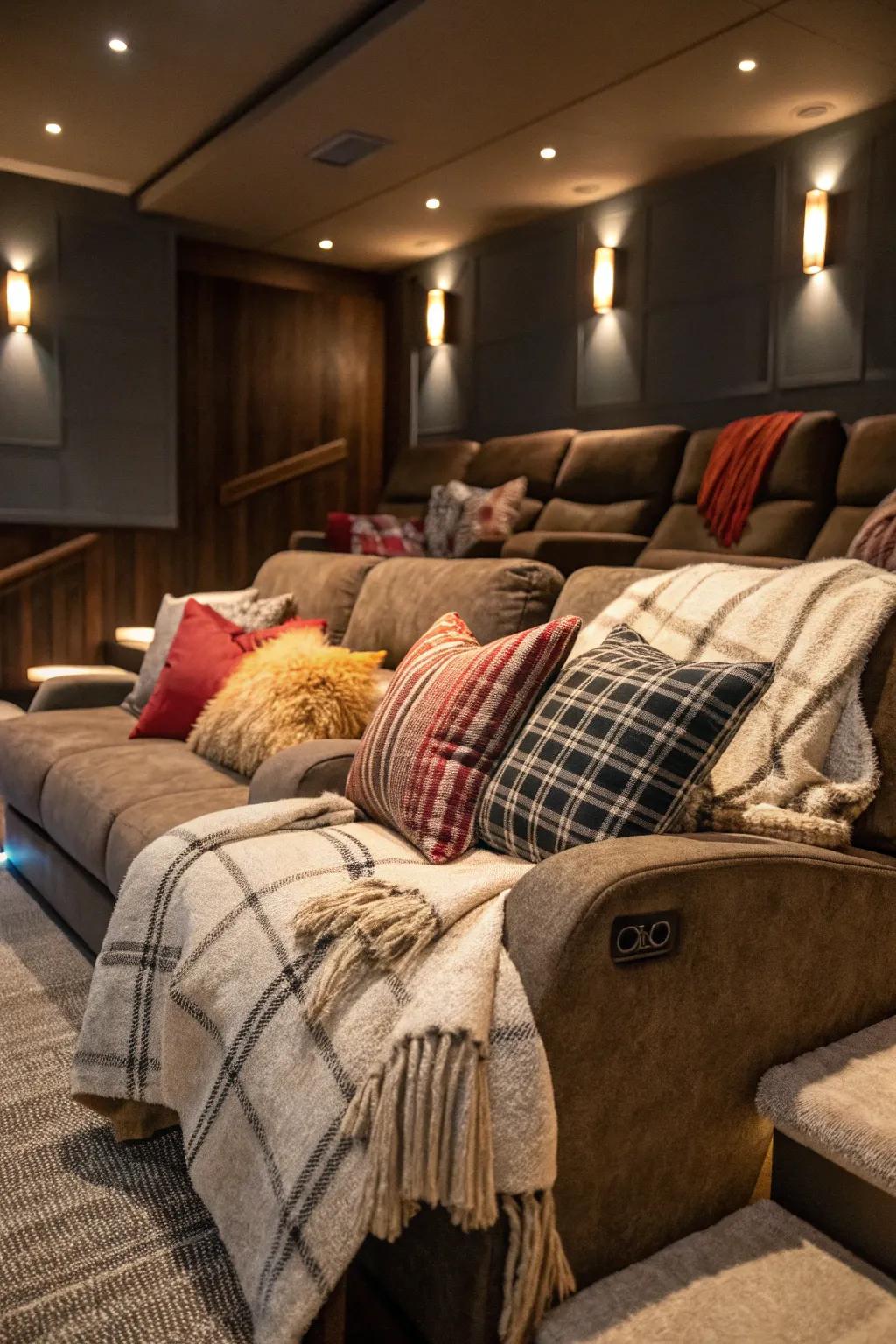 Throws and cushions establishing a cozy home theater setting.
