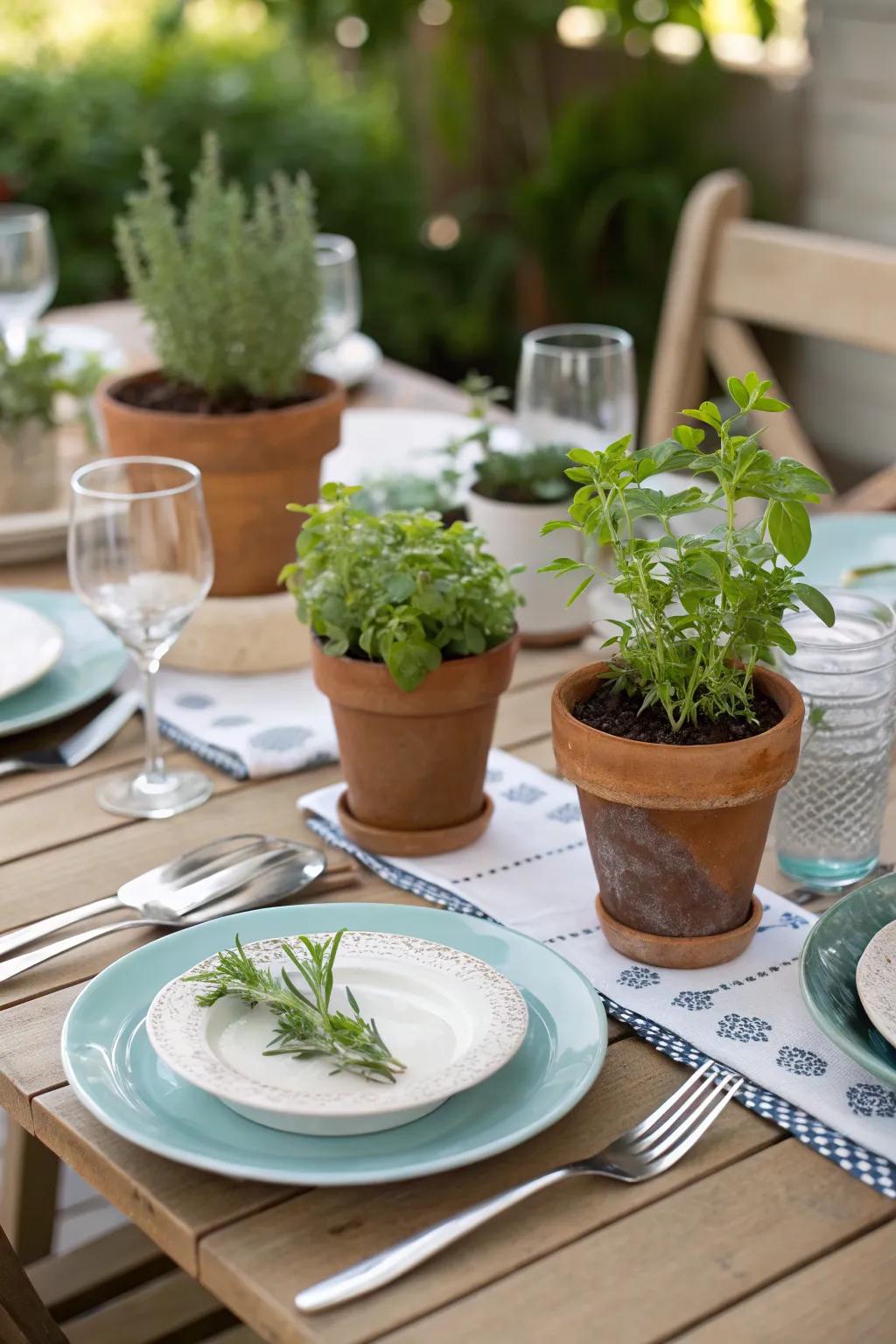 Petite potted flora adds an unconventional flair to the decorations.