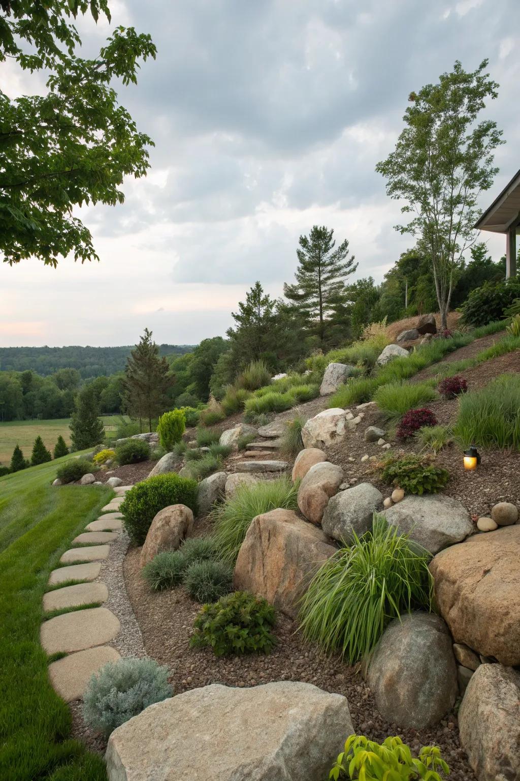 Ornamental rocks enhance texture and interest.