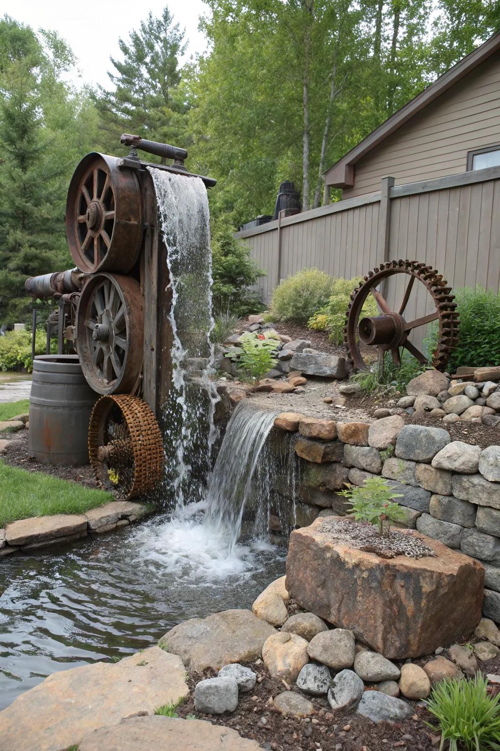 A reimagined metal waterfall appends industrial chic to your garden.