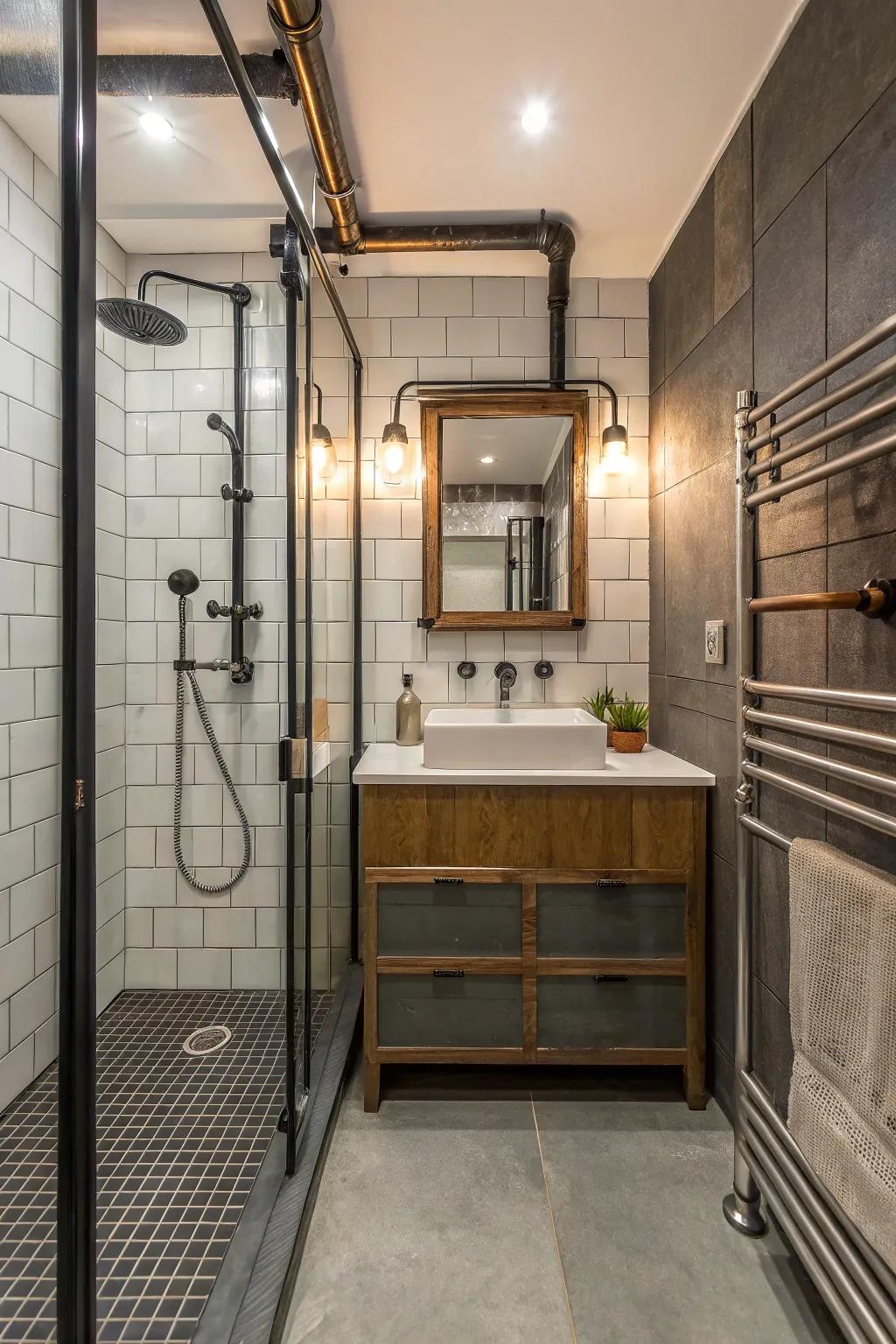 Industrial accents add an avant-garde and stylish vibe to small bathrooms.