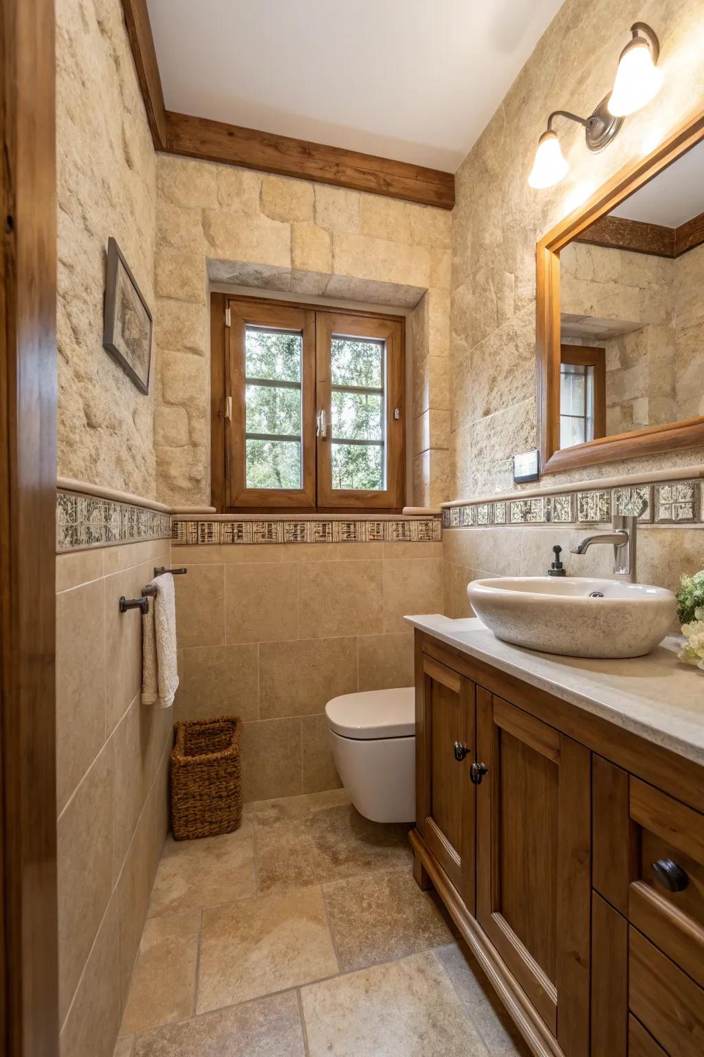 A cozy small bathroom featuring natural materials.