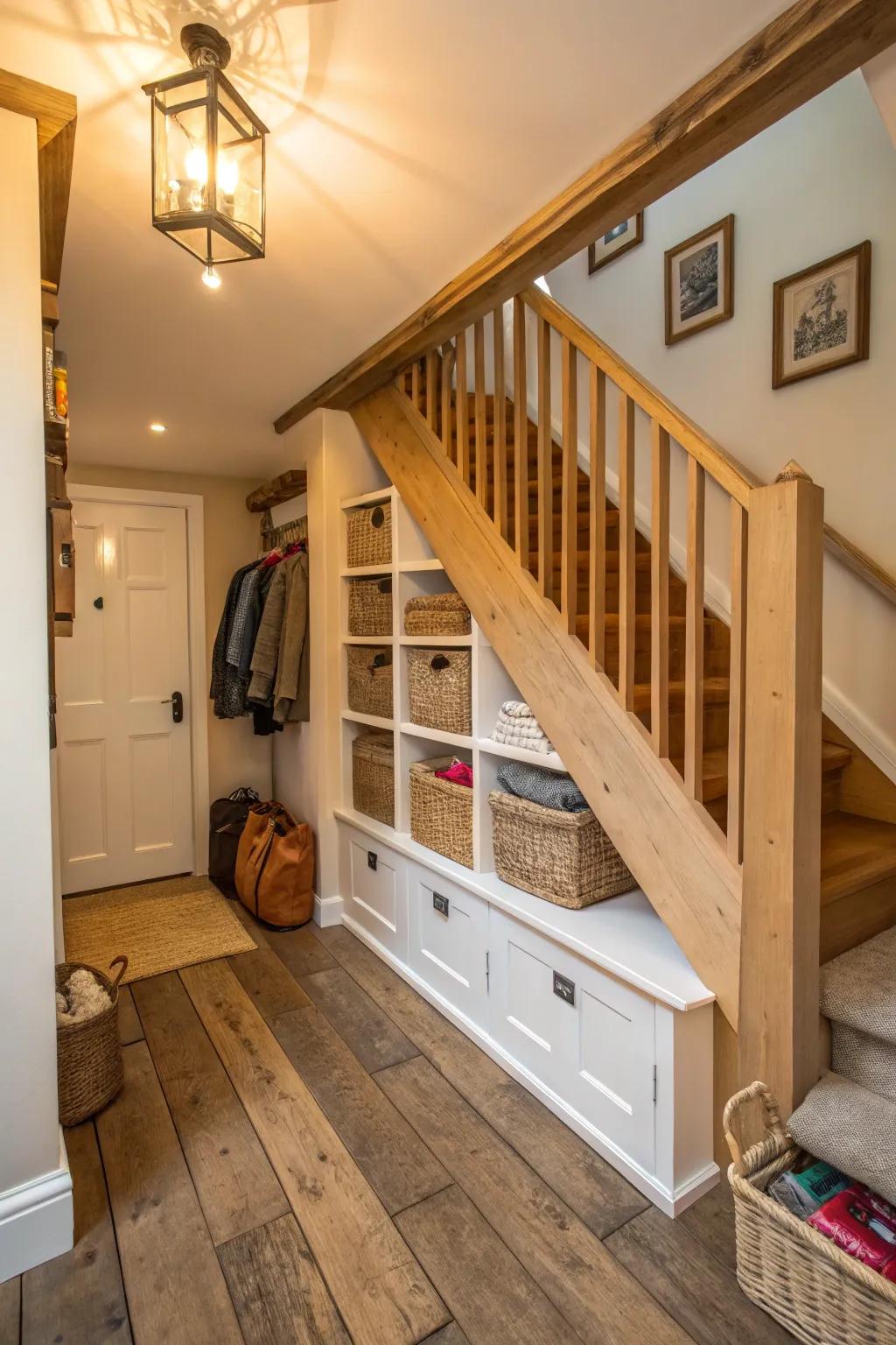 Stowage underneath staircases maximizes space within this comfortable hallway.
