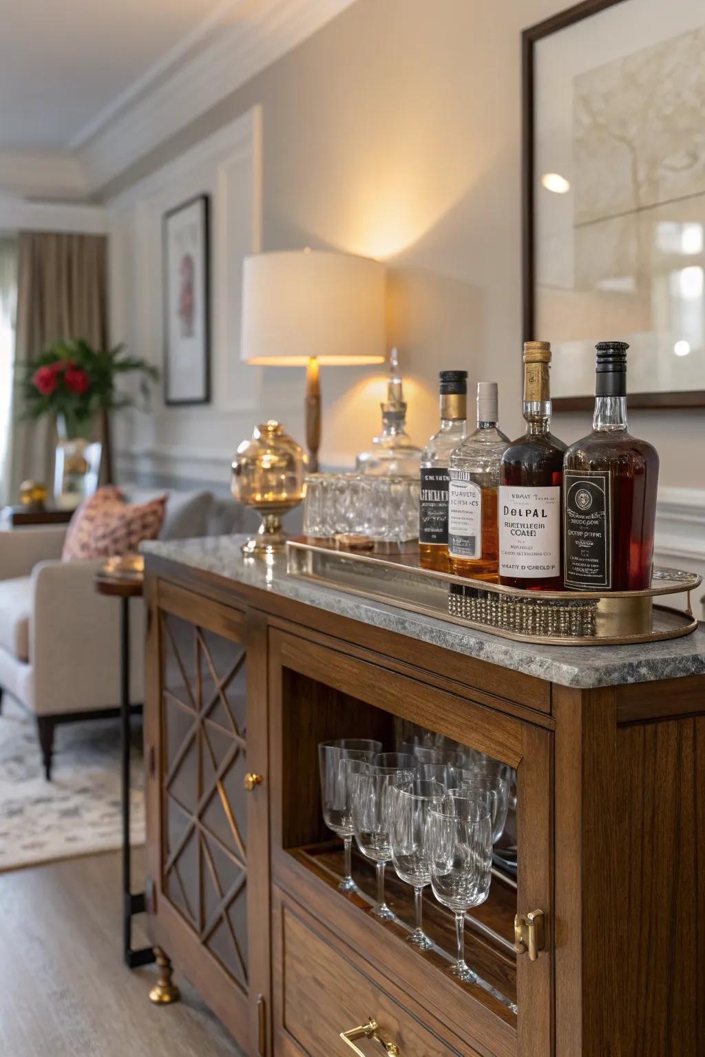 A console table repurposed into a stylish dry bar.