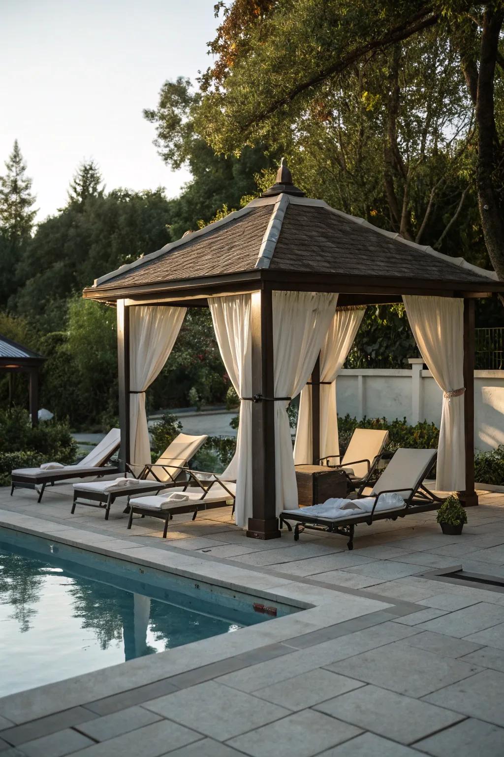 Unwind poolside thanks to a gazebo oasis.